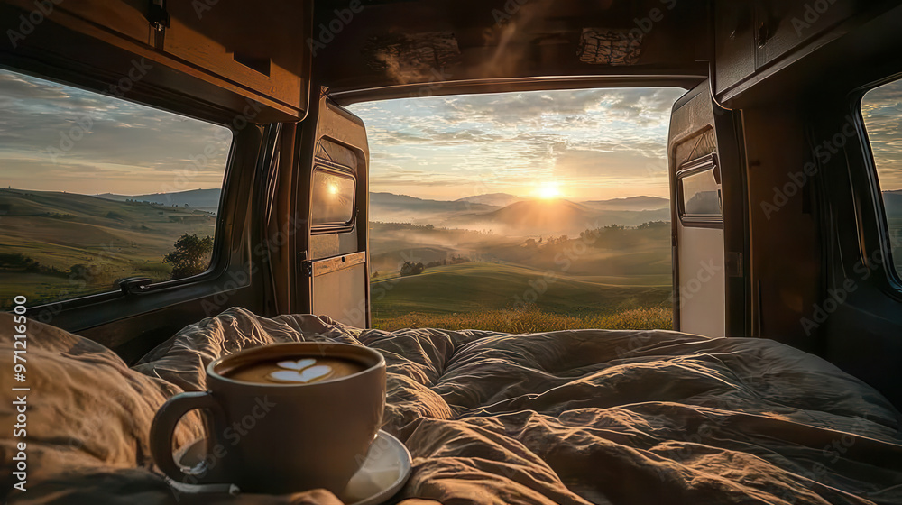 Cozy camper interior with a steaming cup of coffee, offering a breathtaking view of the sunrise over rolling hills Cozy camper interior with a steaming cup of coffee, offering a breathtaking view of the sunrise over rolling hills