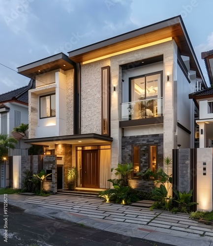 Modern Two Story House with Stone Facade and Glass Balcony