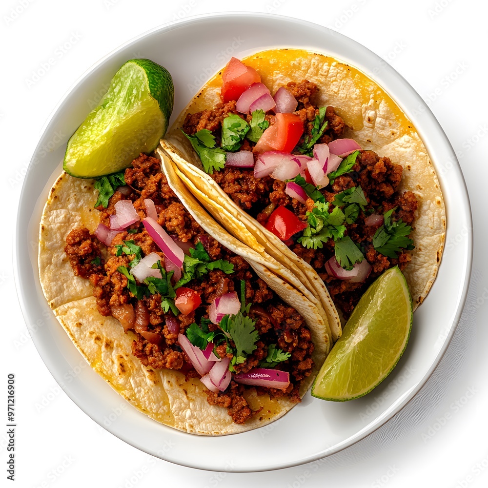 Delicious beef tacos with fresh lime and colorful toppings on a white plate