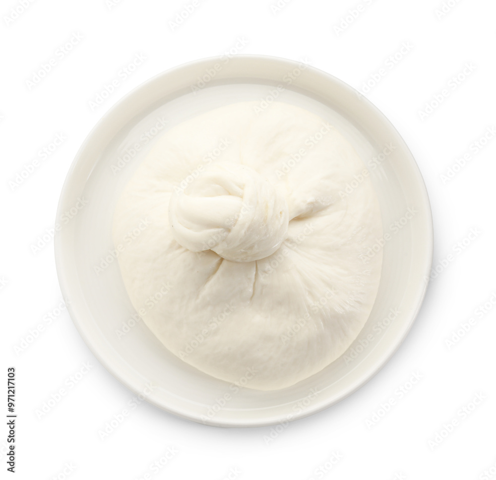 Plate with fresh burrata cheese isolated on white, top view Plate with fresh burrata cheese isolated on white, top view