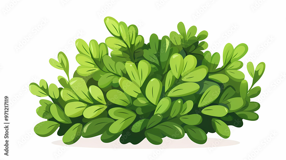 Cute green bush from the forest cartoon, isolated nature object for kids design. Branches and leaves of a fluffy bush isolated on a white background. Vector hand drawn illustration in paper cute style Cute green bush from the forest cartoon, isolated nature object for kids design. Branches and leaves of a fluffy bush isolated on a white background. Vector hand drawn illustration in paper cute style