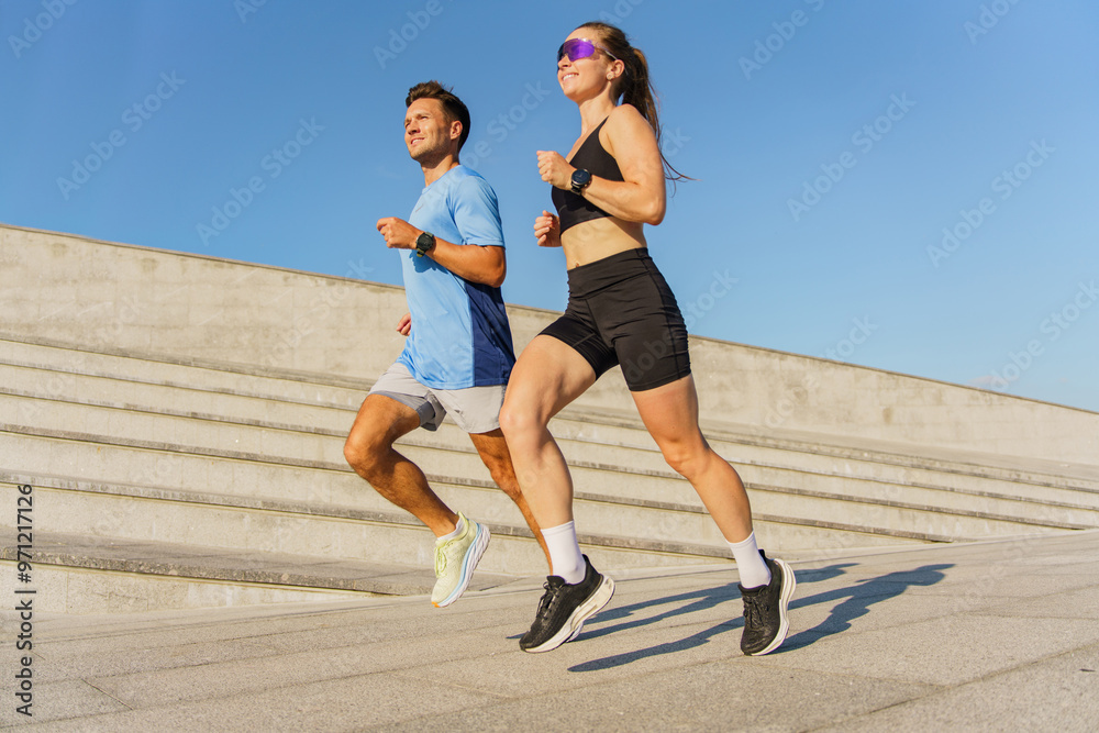 Poster Print A man and woman jog together outdoors on a sunny day both wearing sportswear and focused on their workout 40x26.7 cm