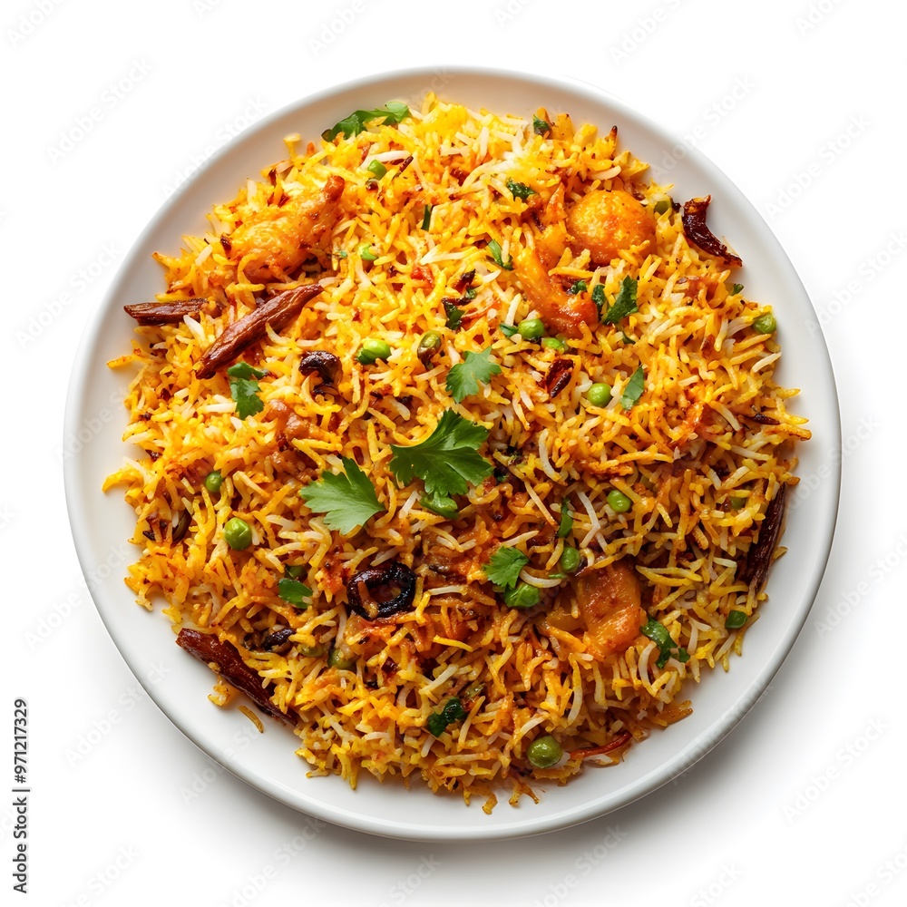 Flavorful chicken biryani on white plate with spices and herbs Flavorful chicken biryani on white plate with spices and herbs