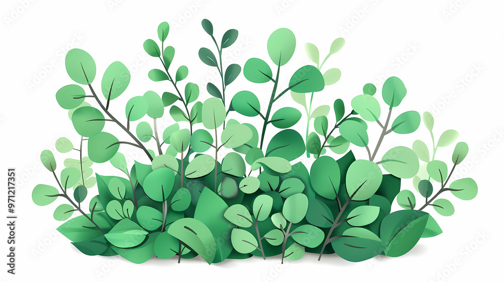 Cute green bush from the forest cartoon, isolated nature object for kids design. Branches and leaves of a fluffy bush isolated on a white background. Vector hand drawn illustration in paper cute style Cute green bush from the forest cartoon, isolated nature object for kids design. Branches and leaves of a fluffy bush isolated on a white background. Vector hand drawn illustration in paper cute style