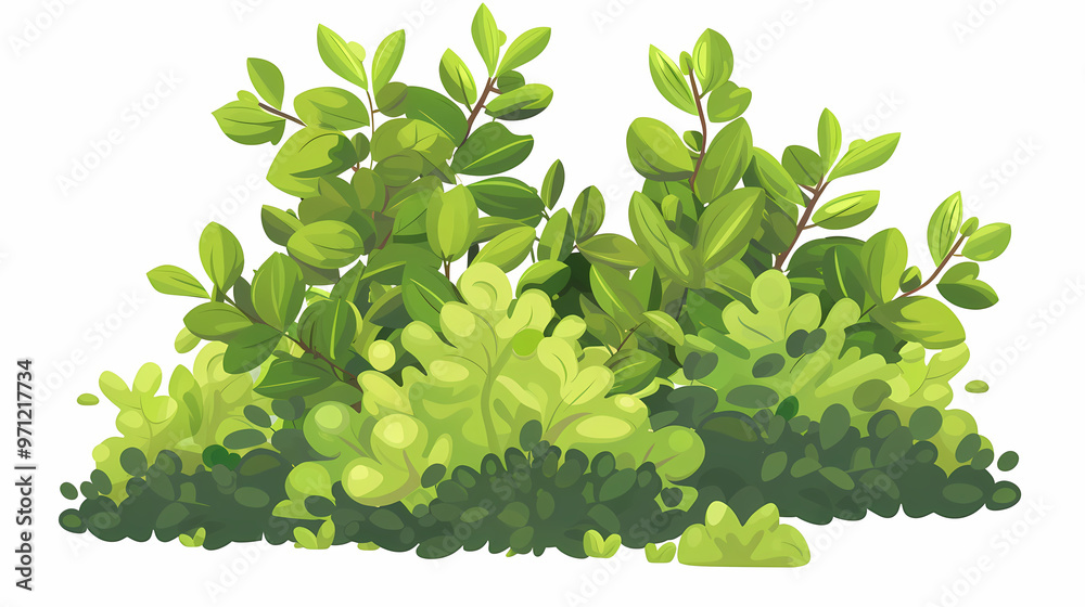 Cute green bush from the forest cartoon, isolated nature object for kids design. Branches and leaves of a fluffy bush isolated on a white background. Vector hand drawn illustration in paper cute style Cute green bush from the forest cartoon, isolated nature object for kids design. Branches and leaves of a fluffy bush isolated on a white background. Vector hand drawn illustration in paper cute style