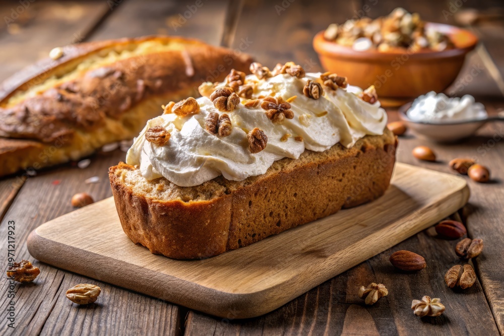 Bread and nut mixture baked to perfection, topped with a dollop of whipped cream Bread and nut mixture baked to perfection, topped with a dollop of whipped cream