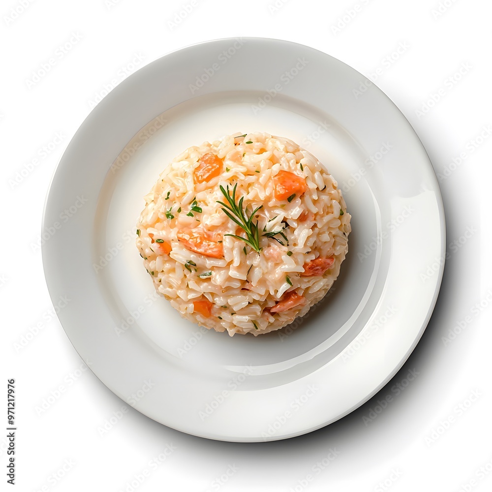 Gourmet risotto with shrimp and herbs on a white plate: culinary elegance and simplicity Gourmet risotto with shrimp and herbs on a white plate: culinary elegance and simplicity