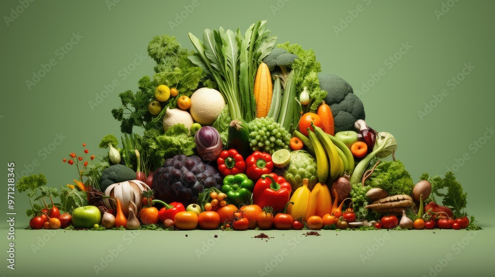 A vibrant assortment of fresh fruits and vegetables arranged artistically, showcasing healthy eating.