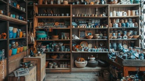 Vintage Pottery Shop Interior Shelves Display