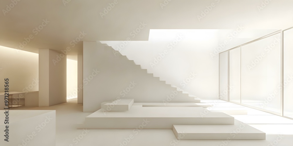 Fototapeta premium Modern Minimalist White Interior Design With Stairs