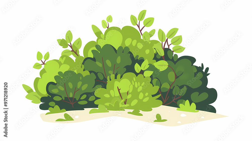 Cute green bush from the forest cartoon, isolated nature object for kids design. Branches and leaves of a fluffy bush isolated on a white background. Vector hand drawn illustration in paper cute style Cute green bush from the forest cartoon, isolated nature object for kids design. Branches and leaves of a fluffy bush isolated on a white background. Vector hand drawn illustration in paper cute style