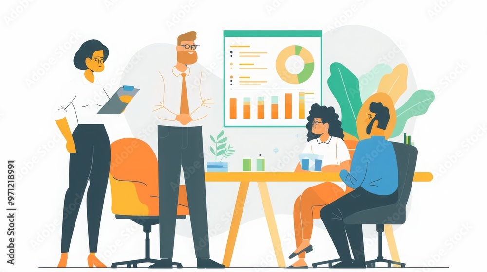 Business Meeting with Team Discussing Charts and Graphs Business Meeting with Team Discussing Charts and Graphs