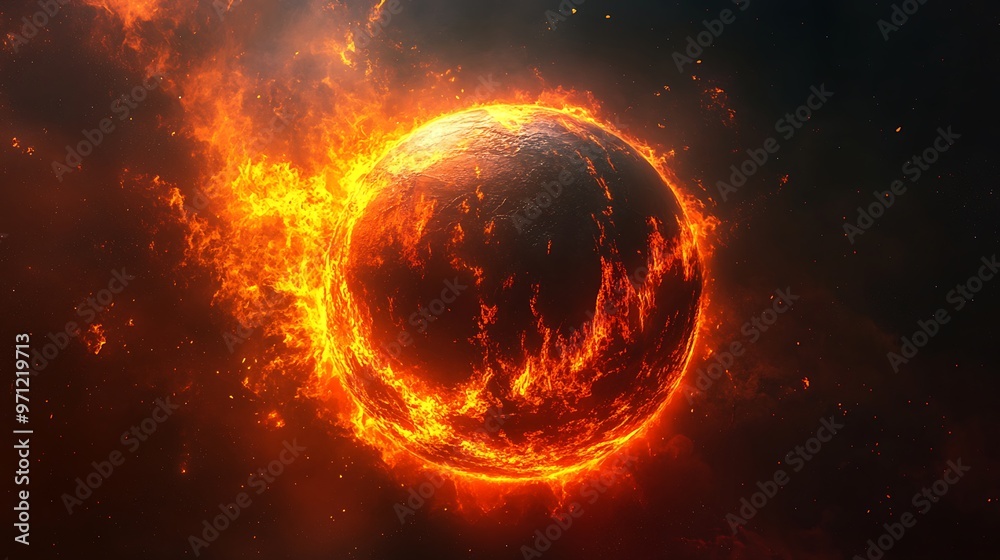Fiery Planet of Lava with Swirling Flames in Dark Space - Concept of Abstract Alien World Fiery Planet of Lava with Swirling Flames in Dark Space - Concept of Abstract Alien World