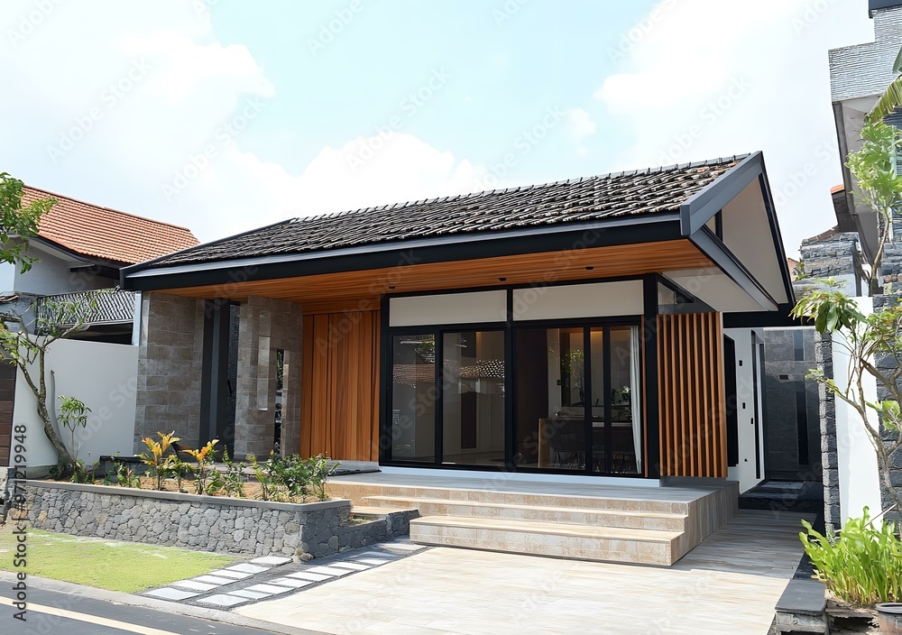 Modern Minimalist House Design with Wooden Facade and Stone Walls Modern Minimalist House Design with Wooden Facade and Stone Walls