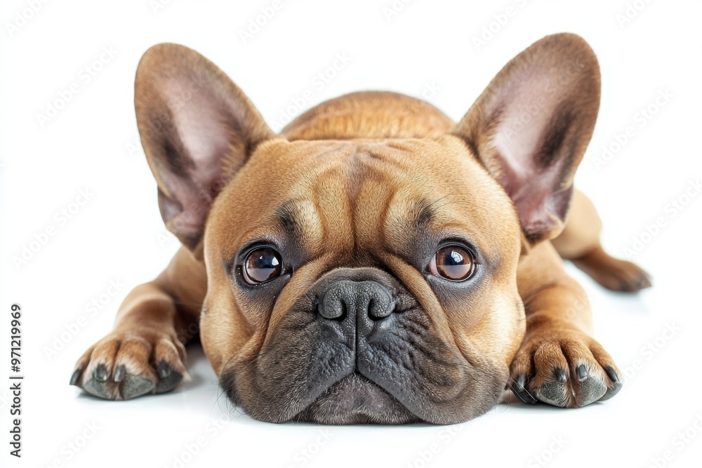 French bulldog lying down, relaxed pose on white background, isolate, French bulldog lying down, relaxed pose on white background, isolate,