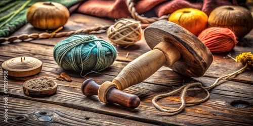 Vintage darning mushroom tool lies on a worn wooden table amidst threads and yarn, evoking a sense of nostalgic, handmade textile craftsmanship. photo