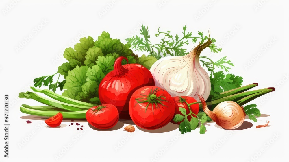 A vibrant assortment of fresh vegetables including tomatoes, onions, and greens isolated on white background, ideal for healthy cooking. A vibrant assortment of fresh vegetables including tomatoes, onions, and greens isolated on white background, ideal for healthy cooking.