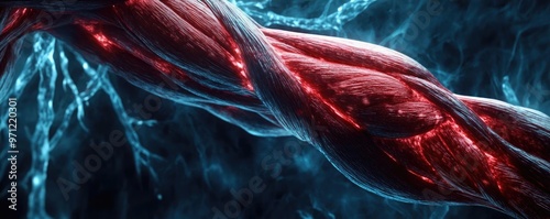 A close-up view of muscle fibers showcasing intricate details and vibrant colors, perfect for health and fitness themes.