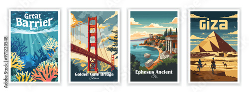 Set of 4 Vintag travel posters, Vintage travel illustrations, Vector colorful illustrations. Trendy printable wall art with beautiful landscapes. 