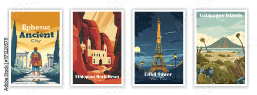 Set of 4 Vintag travel posters, Vintage travel illustrations, Vector colorful illustrations. Trendy printable wall art with beautiful landscapes. 