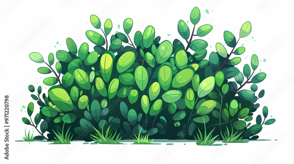 Cute green bush from the forest cartoon, isolated nature object for kids design. Branches and leaves of a fluffy bush isolated on a white background. Vector hand drawn illustration in paper cute style Cute green bush from the forest cartoon, isolated nature object for kids design. Branches and leaves of a fluffy bush isolated on a white background. Vector hand drawn illustration in paper cute style