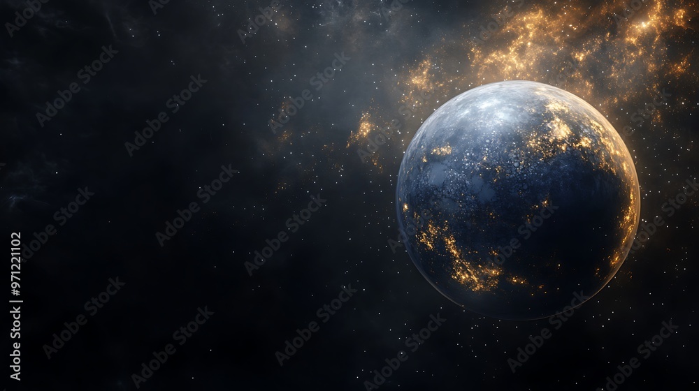 Obraz premium Shimmering Planet with Liquid Mercury Surface in Dark Nebulae Space - Cosmic Reflections and Glowing Universe
