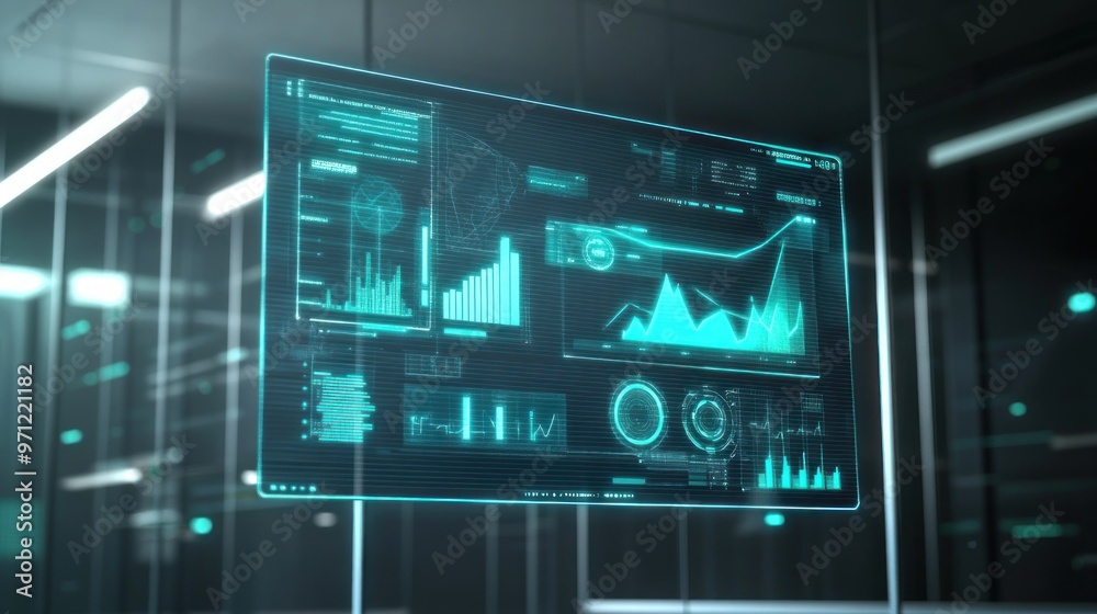 Fototapeta premium Futuristic data visualization interface displaying various analytical graphs and metrics.
