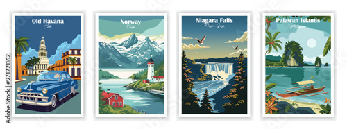 Set of 4 Vintag travel posters, Vintage travel illustrations, Vector colorful illustrations. Trendy printable wall art with beautiful landscapes. 