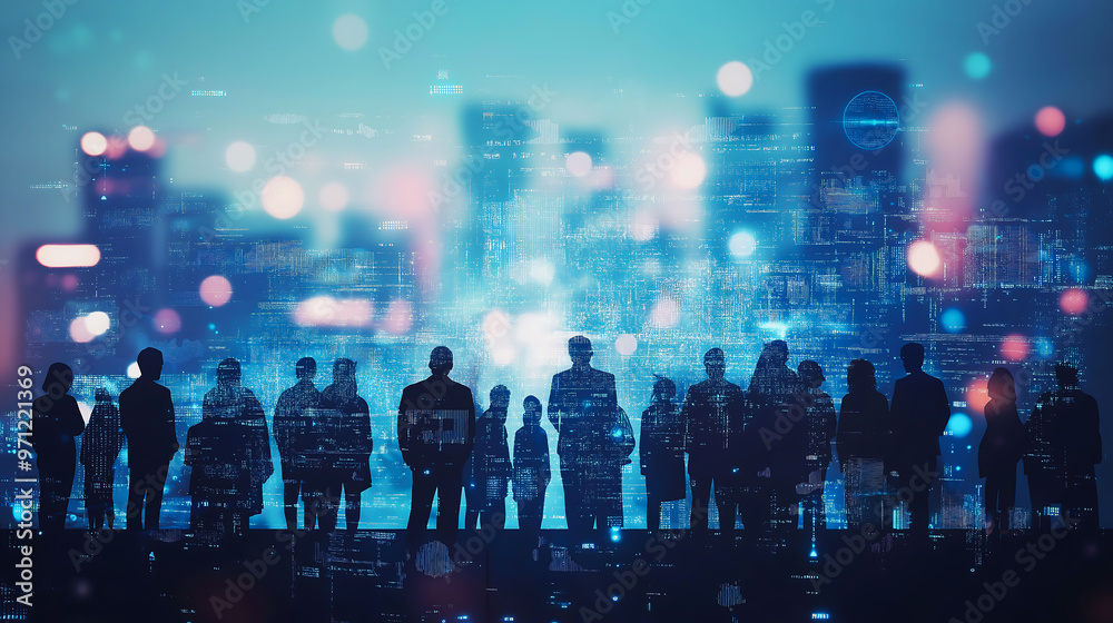 Silhouettes of group of businessperson. Global business network concept, Business partnership, Silhouettes with blue light, glowing big data on blurry city background Silhouettes of group of businessperson. Global business network concept, Business partnership, Silhouettes with blue light, glowing big data on blurry city background