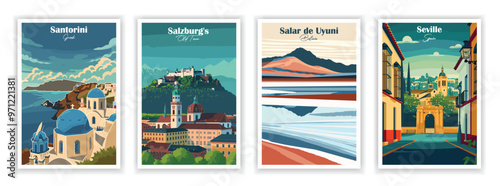 Set of 4 Vintag travel posters, Vintage travel illustrations, Vector colorful illustrations. Trendy printable wall art with beautiful landscapes. 