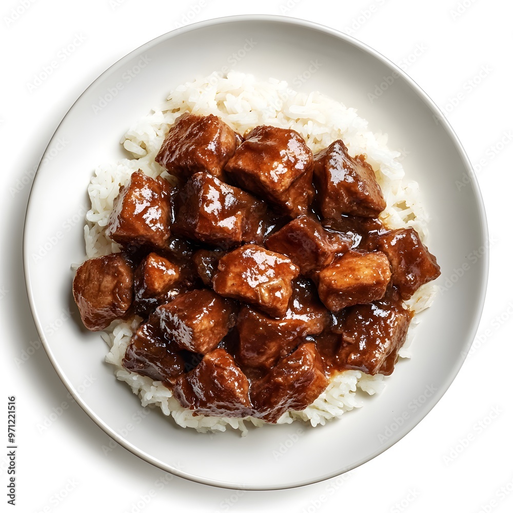 Savory braised beef chunks with rice on a plate Savory braised beef chunks with rice on a plate