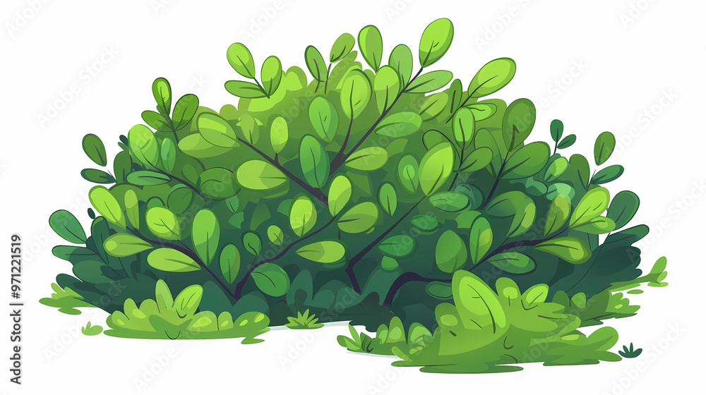 Cute green bush from the forest cartoon, isolated nature object for kids design. Branches and leaves of a fluffy bush isolated on a white background. Vector hand drawn illustration in paper cute style Cute green bush from the forest cartoon, isolated nature object for kids design. Branches and leaves of a fluffy bush isolated on a white background. Vector hand drawn illustration in paper cute style