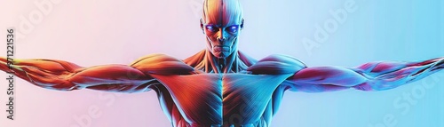 Dynamic human anatomy illustration showcasing muscular structure with vibrant colors and detailed features for educational use.