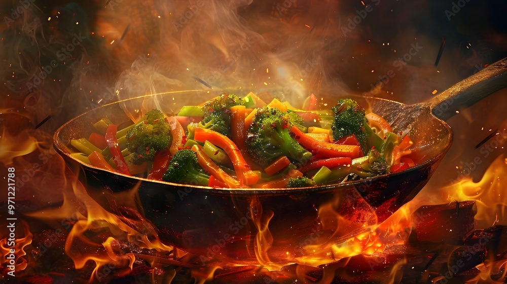 Sizzling Vegetable Stir-Fry in Cast Iron Wok over Open Flame with Dramatic Lighting Sizzling Vegetable Stir-Fry in Cast Iron Wok over Open Flame with Dramatic Lighting