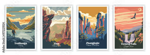 Set of 4 Vintag travel posters, Vintage travel illustrations, Vector colorful illustrations. Trendy printable wall art with beautiful landscapes. 