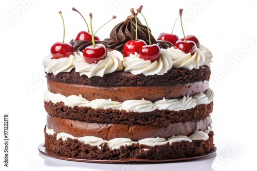 A towering masterpiece of layered chocolate cake, whipped cream, and cherries, isolated on pure white