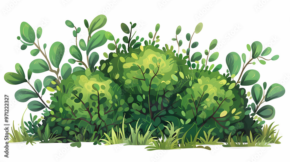 Cute green bush from the forest cartoon, isolated nature object for kids design. Branches and leaves of a fluffy bush isolated on a white background. Vector hand drawn illustration in paper cute style Cute green bush from the forest cartoon, isolated nature object for kids design. Branches and leaves of a fluffy bush isolated on a white background. Vector hand drawn illustration in paper cute style