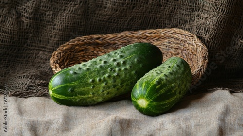 Two fresh green pickling cukes, rattan background photo