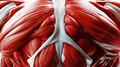 Detailed close-up of human muscle fibers showcasing intricate structures and anatomical features. Ideal for educational purposes.
