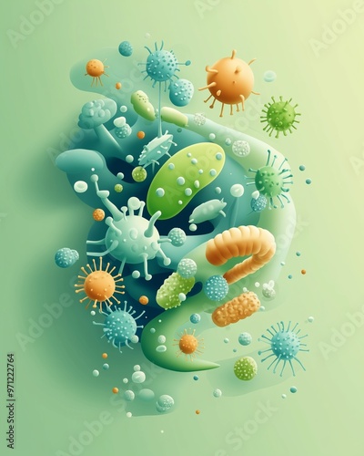 Types of Human intestinal parasites set, medical internal infection with ascariasis, thorny headed worm, giardia, whipworm, hookworm, liver fluke, tapeworm, coccidia. photo