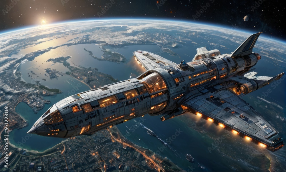 Futuristic Spacecraft Orbiting Earth in Galaxy