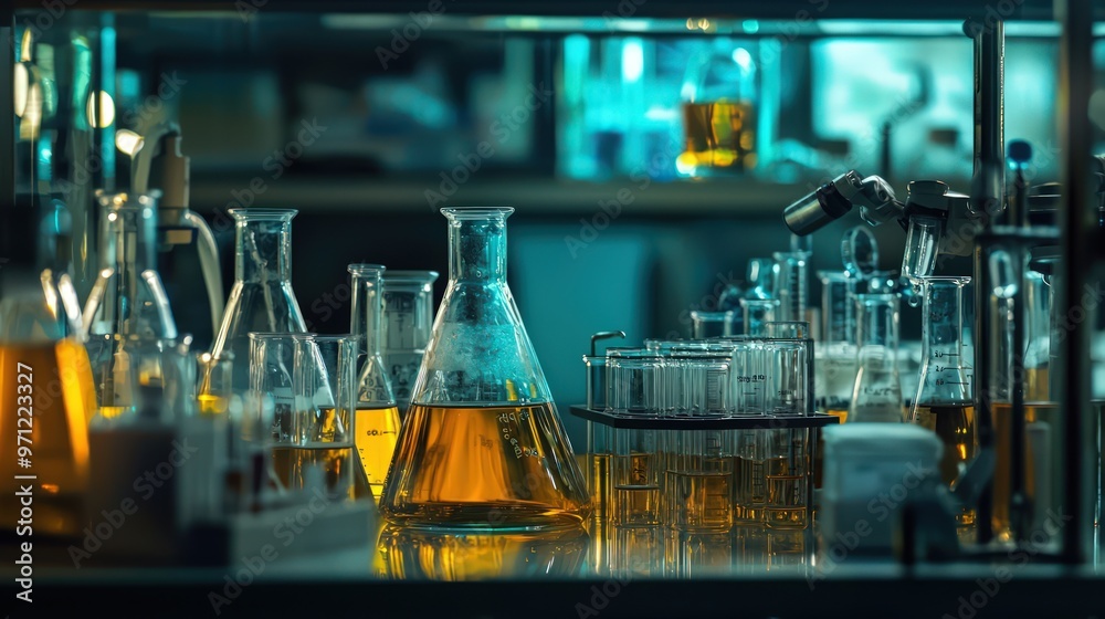 A close-up of various scientific glassware in a laboratory setting, emphasizing the tools used in chemical research. A close-up of various scientific glassware in a laboratory setting, emphasizing the tools used in chemical research.