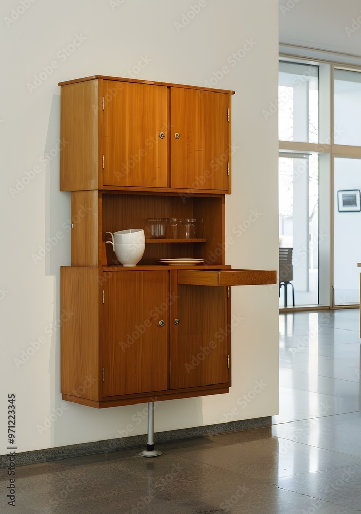 Fototapeta premium Wooden Cabinet With Sliding Drawer and Glass Shelves