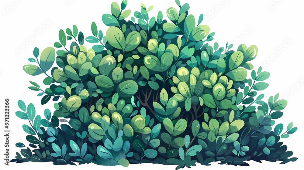 Cute green bush from the forest cartoon, isolated nature object for kids design. Branches and leaves of a fluffy bush isolated on a white background. Vector hand drawn illustration in paper cute style Cute green bush from the forest cartoon, isolated nature object for kids design. Branches and leaves of a fluffy bush isolated on a white background. Vector hand drawn illustration in paper cute style