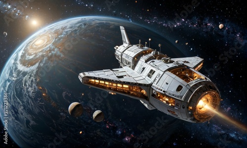 Wallpaper Mural Futuristic Spacecraft Orbiting Earth in Galaxy Torontodigital.ca