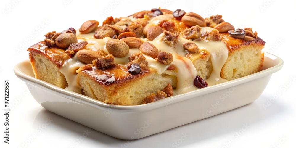A sweet bread pudding made with bread, milk, sugar, and nuts, isolated on white Background': A sweet bread pudding made with bread, milk, sugar, and nuts, isolated on white Background':