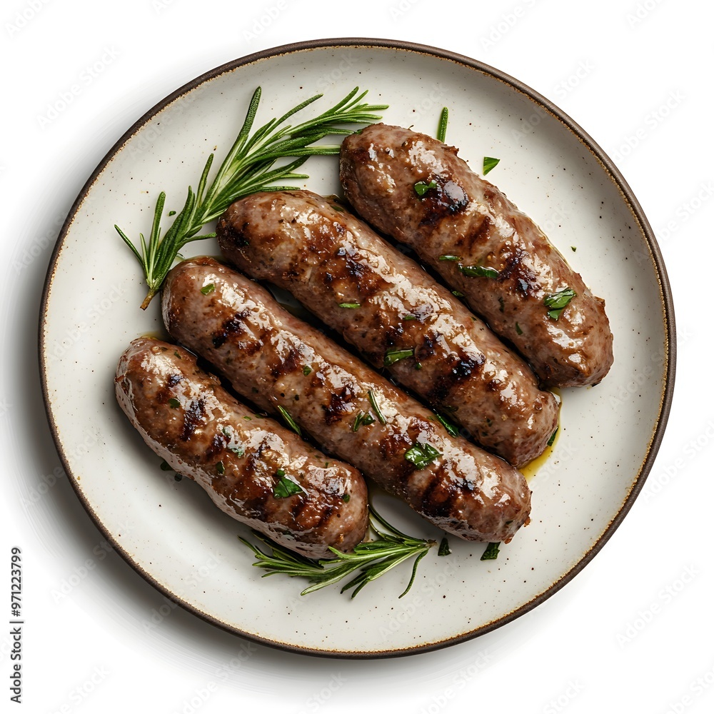 Grilled sausages with rosemary garnish on rustic plate Grilled sausages with rosemary garnish on rustic plate