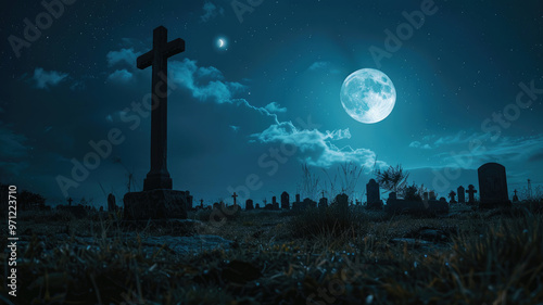 Spooky night sky with a full moon over a graveyard