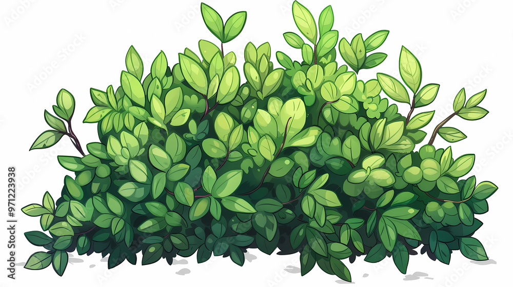 Cute green bush from the forest cartoon, isolated nature object for kids design. Branches and leaves of a fluffy bush isolated on a white background. Vector hand drawn illustration in paper cute style Cute green bush from the forest cartoon, isolated nature object for kids design. Branches and leaves of a fluffy bush isolated on a white background. Vector hand drawn illustration in paper cute style
