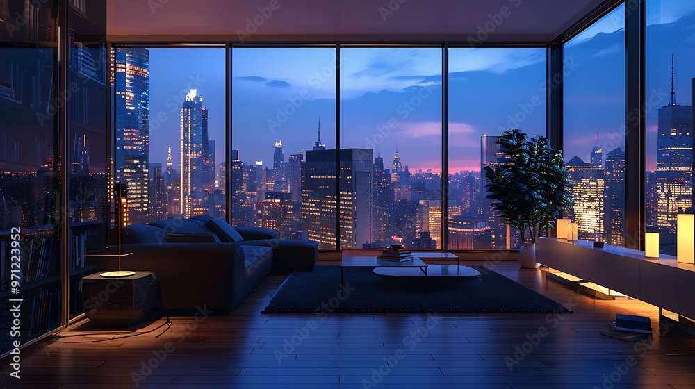 AI-generated image of an empty modern apartment with expansive windows showcasing a vibrant cityscape, featuring tall skyscrapers and bright city lights. AI-generated image of an empty modern apartment with expansive windows showcasing a vibrant cityscape, featuring tall skyscrapers and bright city lights.